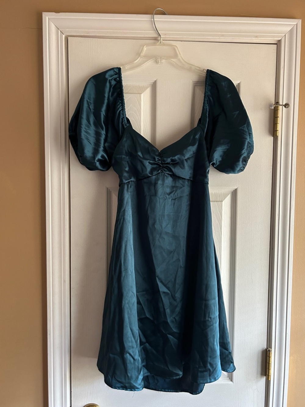 Altar'd State Teal Satin Puff-Sleeve Mini Dress